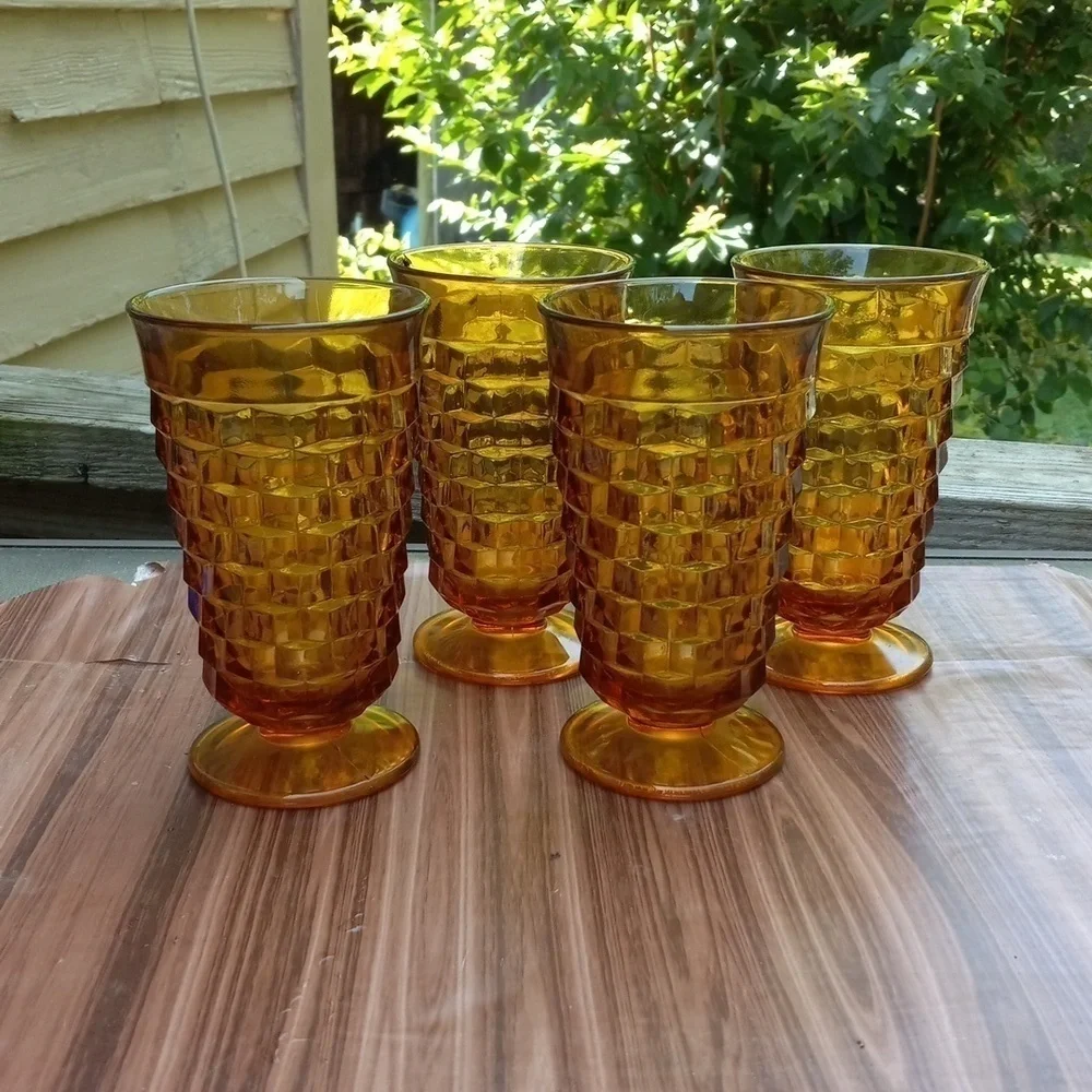 Vintage 1960s Indiana Glass amber Colony Whitehall harvest footed tea glasses